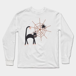 Spookily cute cats, spiders and cobwebs for Halloween in charcoal and milk chocolate Long Sleeve T-Shirt